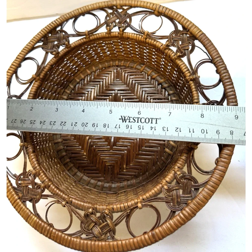 Vintage Boho Rattan Set of 2 Woven Basket Geometric Pattern Storage Entryway